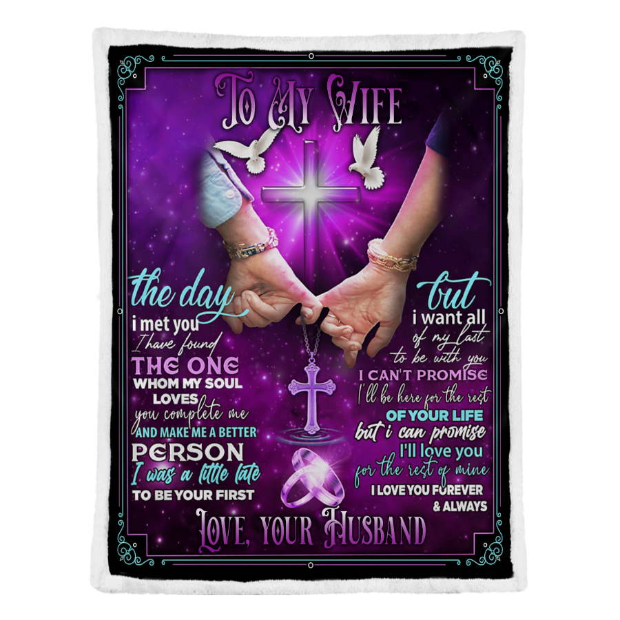 Gift For Wife Blanket, To My Wife The Day I Met You Purple Blanket, Cross And Doves, Hand In Hand - Love From Husband 1641436901297.png
