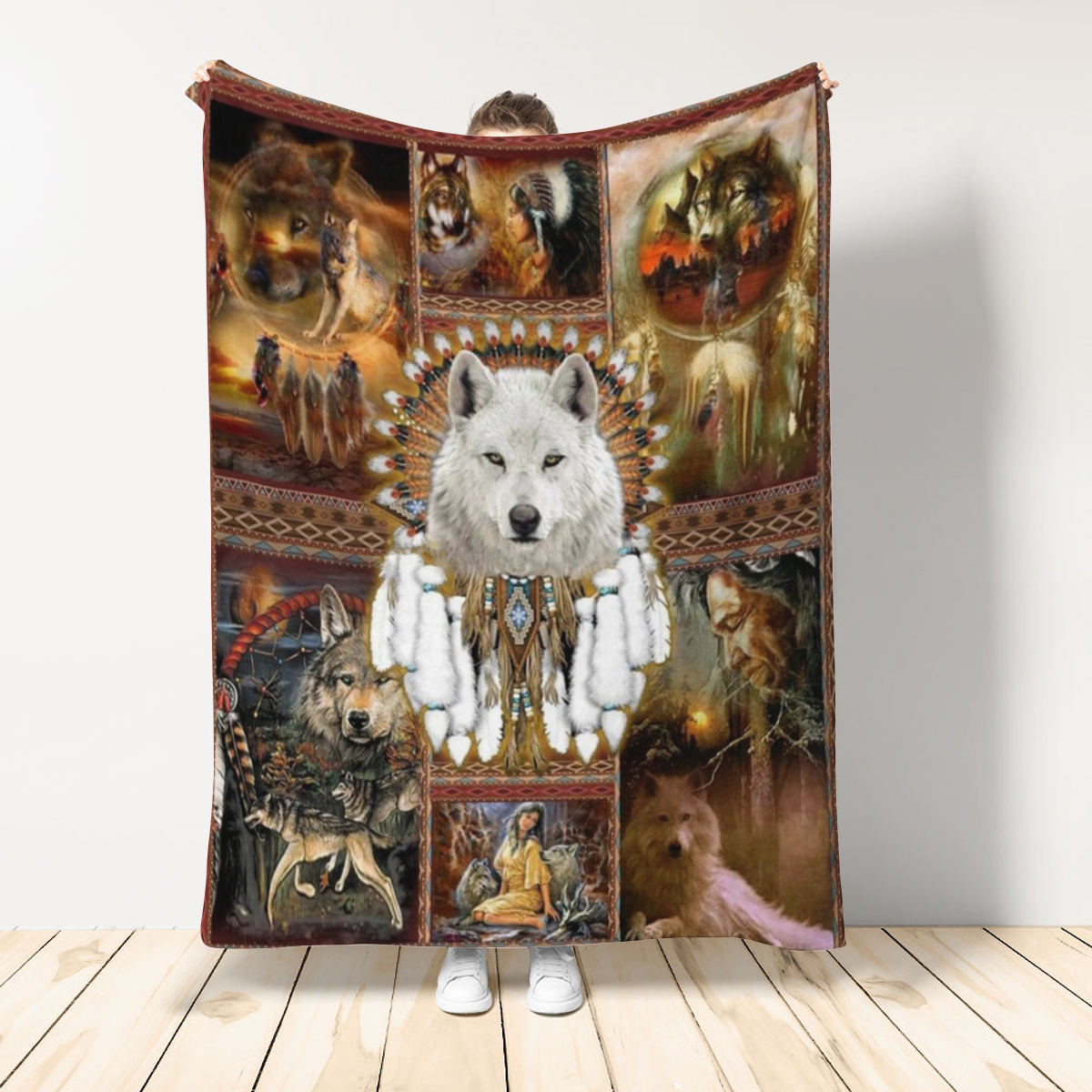 Wolf For Native American Fleece Blanket Native American Inspired Pattern Native American Blanket For Friend Family Home Decor Bedding Couch Sofa Soft And Comfy Cozy 1648192054402.png