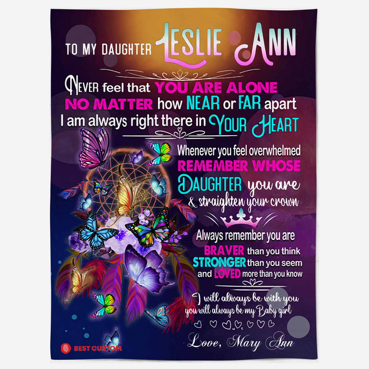 Personalized to My Daughter Never Feel That You are Alone Blanket, Butterfly Daughter Fleece Blanket Home Decor Bedding Couch Sofa Soft and Comfy Cozy Gift for Daughters, Love from Mom  1649649042615.jpg