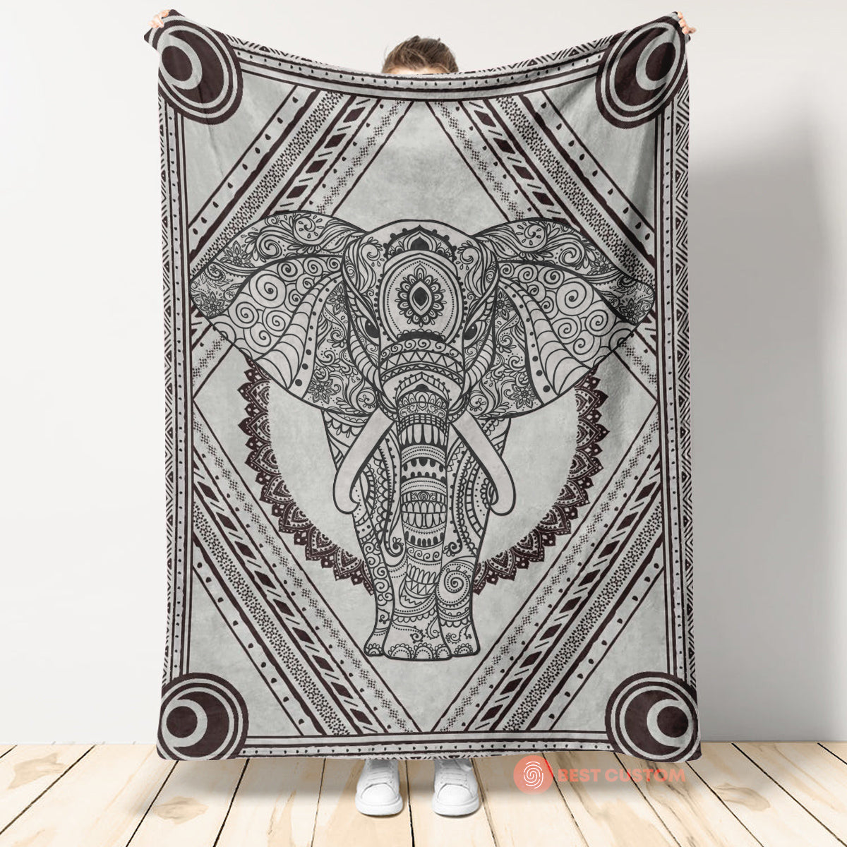 Elephant Blanket, Indian Vintage Pattern Elephant Fleece Blanket 1664176739960.jpg