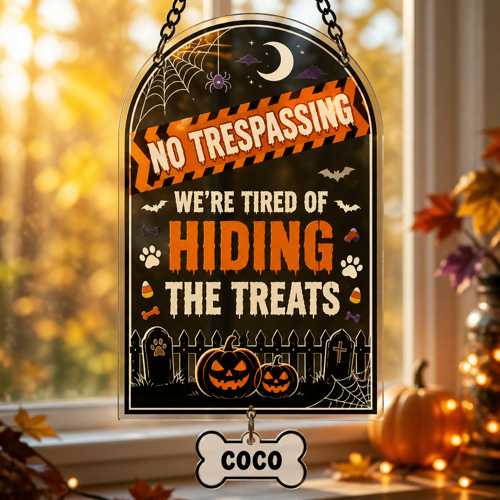 Halloween No Trespassing Pet Treats Garden Flag - Personalized 1 Layered Suncatcher with Charm 167fe434-de7b-430b-b244-ec18e2ab8519.png