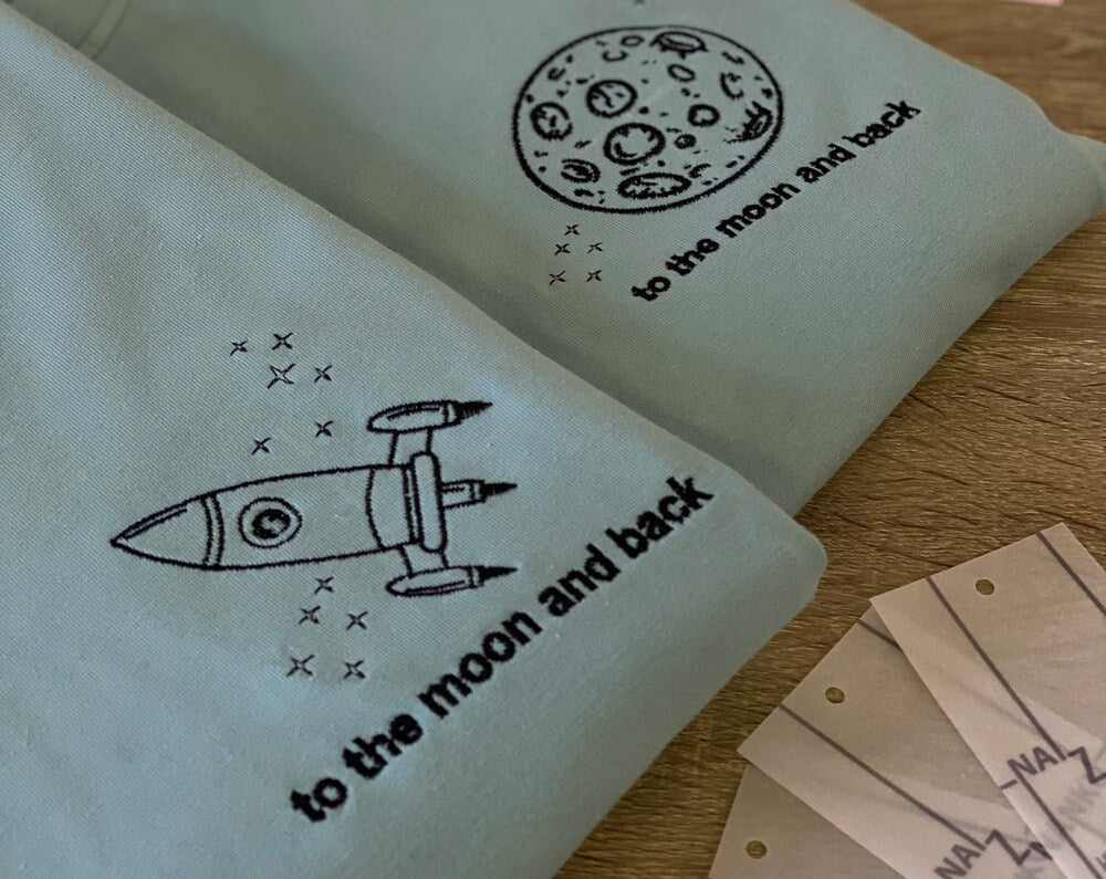 Couple Blue Embroidered Space Rocket And Moon T-shirts Hoodies Aesthetic Crewneck Sweatshirts Anniversary Birthday Gift For Her And Him 1691573659443.jpg