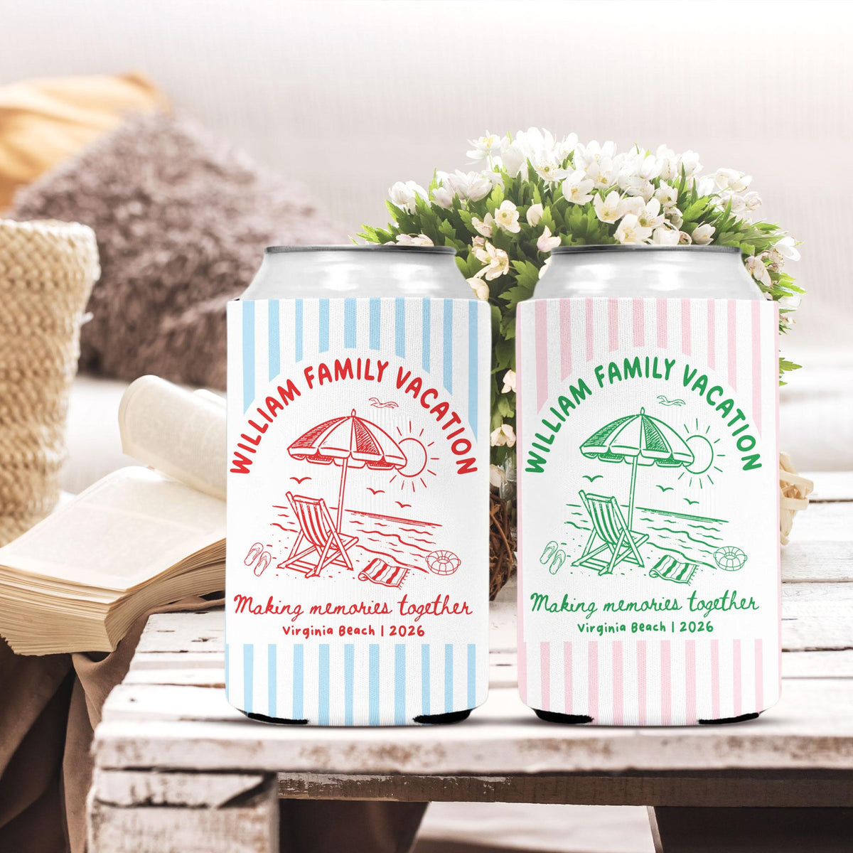 Custom Beach Family Vacation Can Coolers, Personalized Family Reunion Beer Huggers, Matching Coastal Vacation Gift, Family Summer Vacation