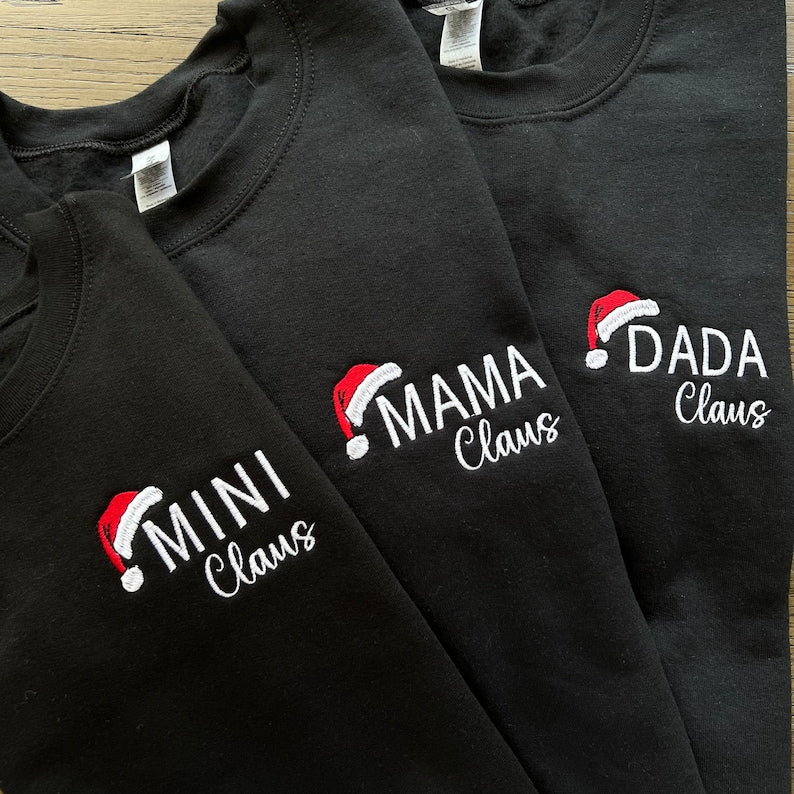 Custom Christmas Sweatshirt Embroidered Shirt Mama Mini Dada Claus Personalized Matching Hoodie Santa Hat Family Christmas Shirts 1700126875437.jpg
