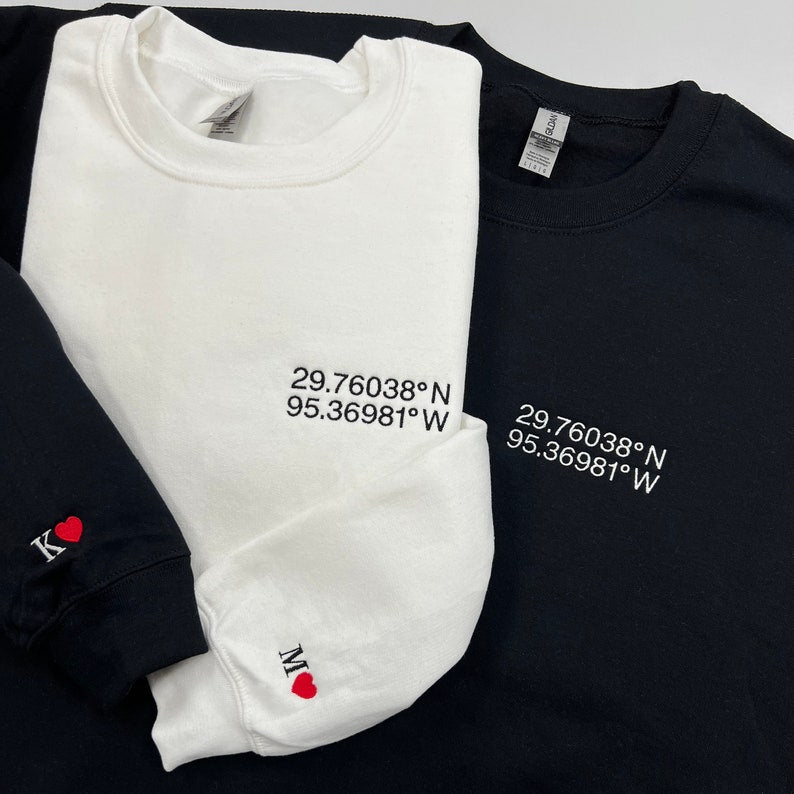 Custom Embroidered Location Coordinates Sweatshirt Couple Shirt Initial On Sleeve Anniversary Gift Gps Coordinate Valentines Day Gift 1700191633401.jpg