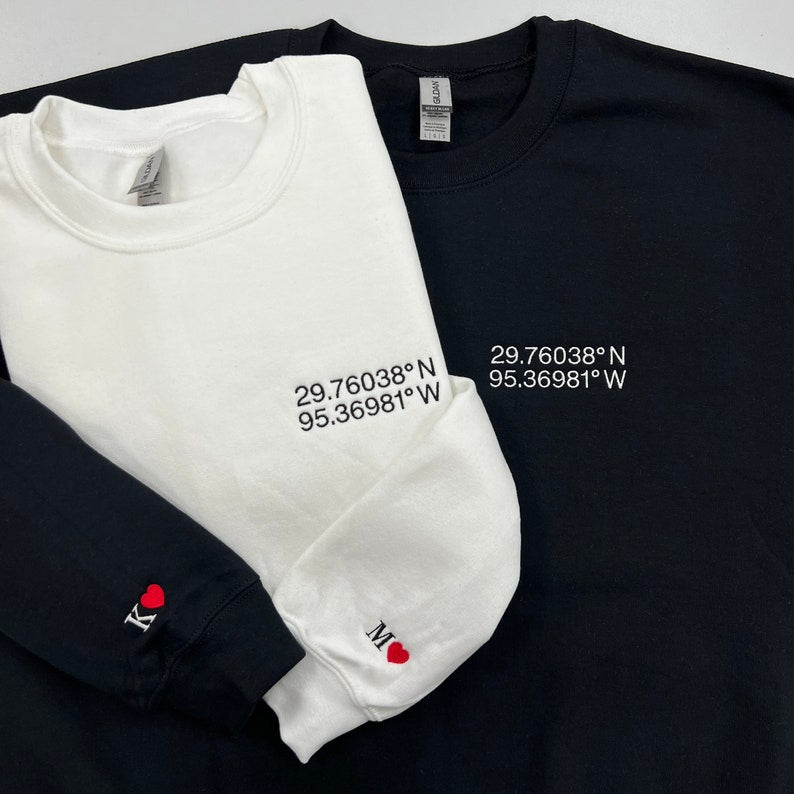 Custom Embroidered Location Coordinates Sweatshirt Couple Shirt Initial On Sleeve Anniversary Gift Gps Coordinate Valentines Day Gift 1700191633451.jpg