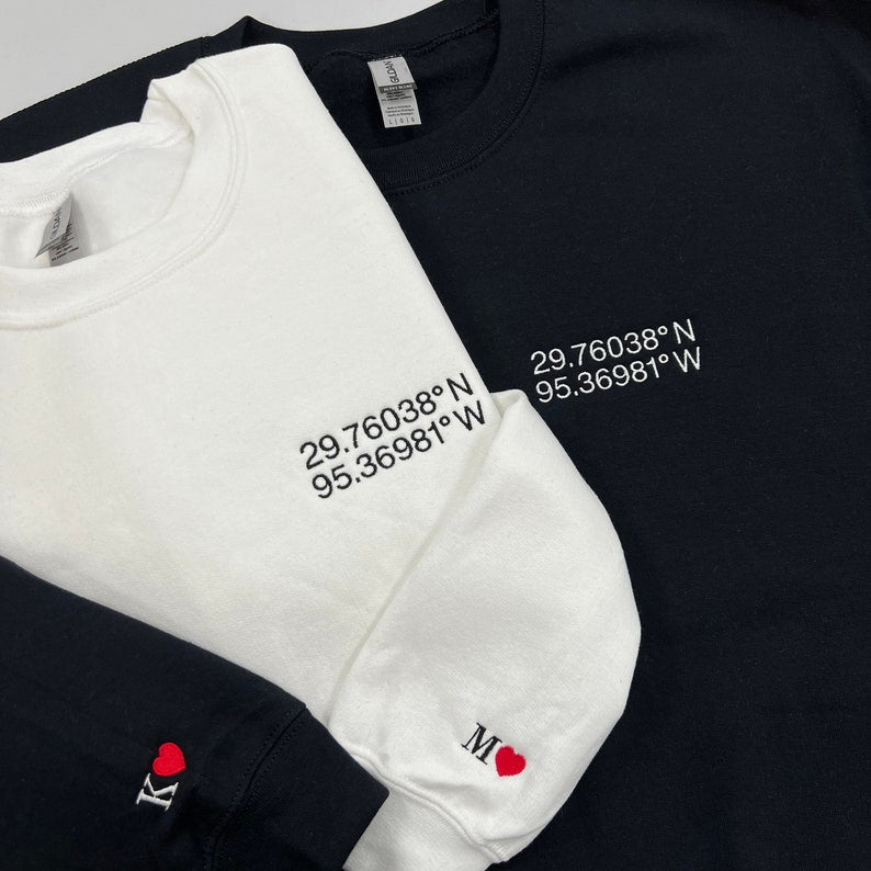 Custom Embroidered Location Coordinates Sweatshirt Couple Shirt Initial On Sleeve Anniversary Gift Gps Coordinate Valentines Day Gift 1700191634027.jpg