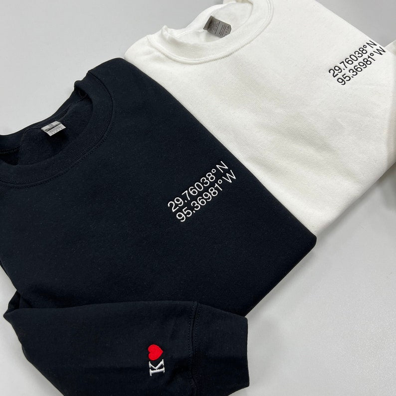 Custom Embroidered Location Coordinates Sweatshirt Couple Shirt Initial On Sleeve Anniversary Gift Gps Coordinate Valentines Day Gift 1700191634074.jpg