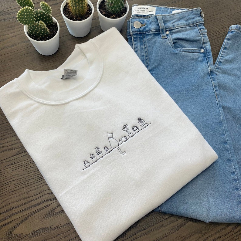 Plants And Cat Sweatshirt Embroidered Line Art Hoodie Gardener Shirt Cat Lover Shirt Plant Lady Sweatshirt Embroidered Sweatshirt 1700191752767.jpg