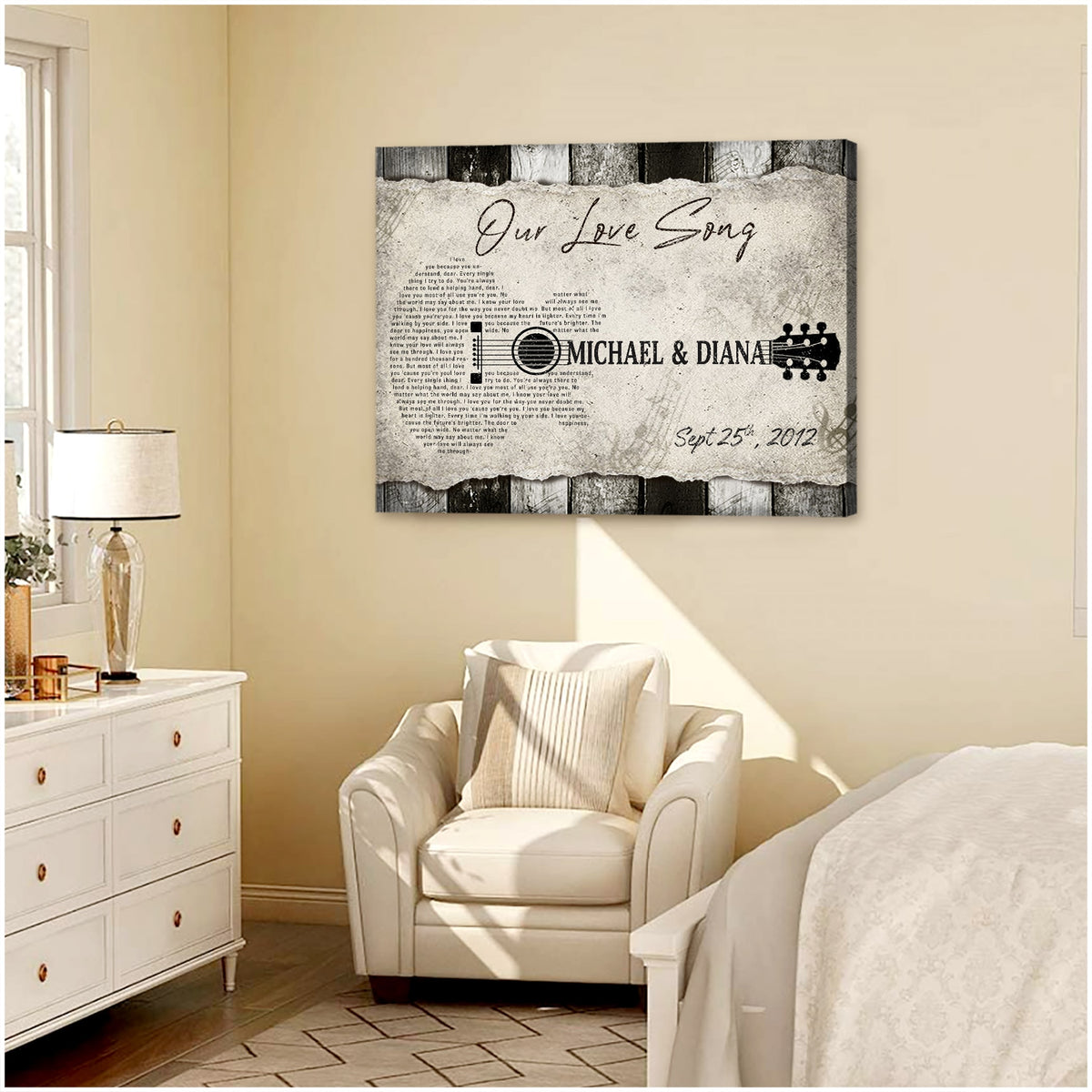 Personalized Guitar Shaped Song Lyrics On Canvas Music, Gift For Couple, Anniversary Gifts, Valentine's Day Gift