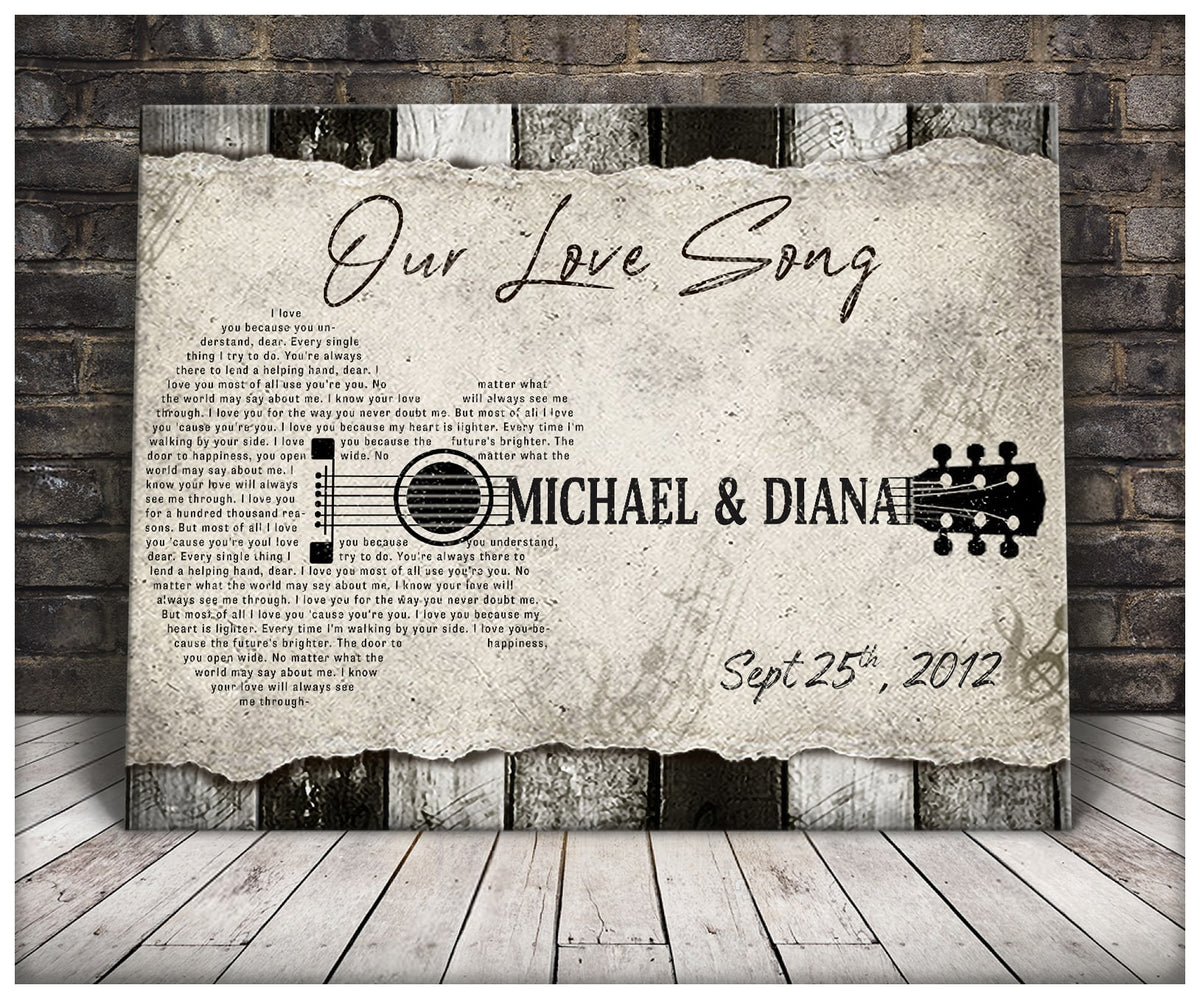 Personalized Guitar Shaped Song Lyrics On Canvas Music, Gift For Couple, Anniversary Gifts, Valentine's Day Gift