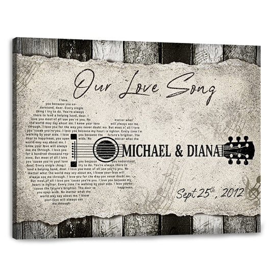Personalized Guitar Shaped Song Lyrics On Canvas Music, Gift For Couple, Anniversary Gifts, Valentine's Day Gift