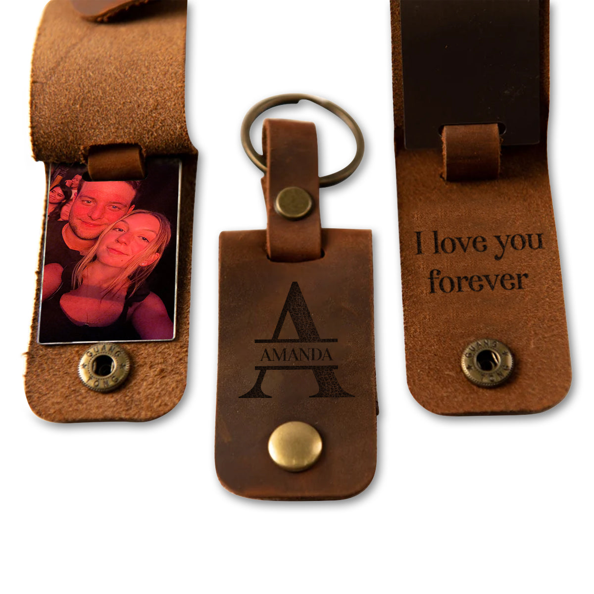 Personalized Photo Metal Tag Leather Keychain - Engraved Leather Cover with Photo Printed to Tag Inside