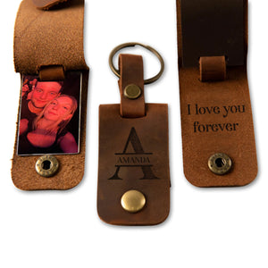 Personalized Photo Metal Tag Leather Keychain - Engraved Leather Cover with Photo Printed to Tag Inside