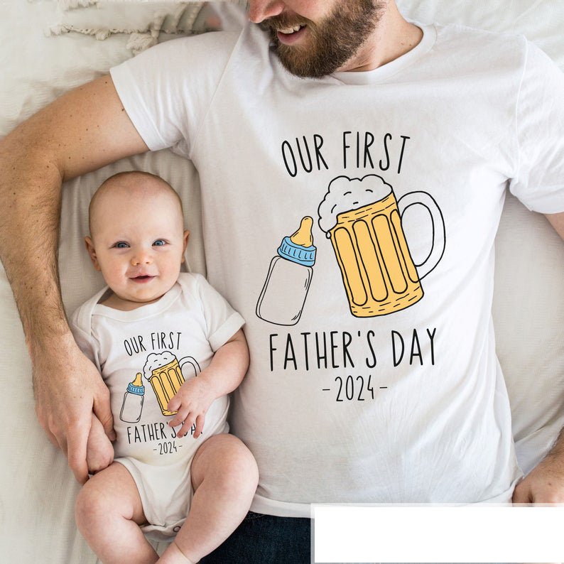 Matching Fathers Day Shirt Funny Our First Fathers Day Shirt Fathers Day Gift Ideas Dad Shirts Matching Father Baby Shirt Funny Beer  Milk Shirt 1715658117899.jpg