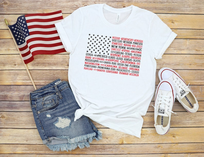 Vintage American Flag Tee With States Fourth Of July Tees United States Tshirts July 4th Graphic Tee Usa Shirts Patriotic T Shirts 1716782211782.jpg