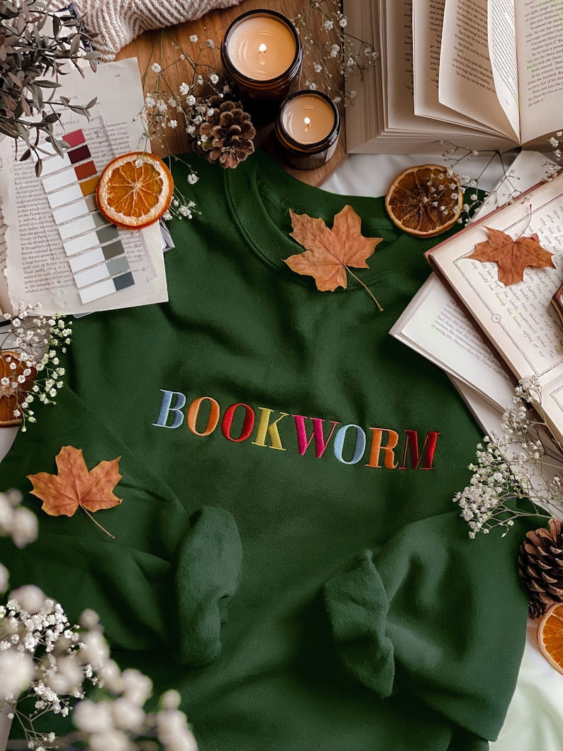 bookworm embroidered sweatshirt  bookish oversized jumper  cosy reading sweater  gift for book lover  unique gift for readers 1722825563427.jpg