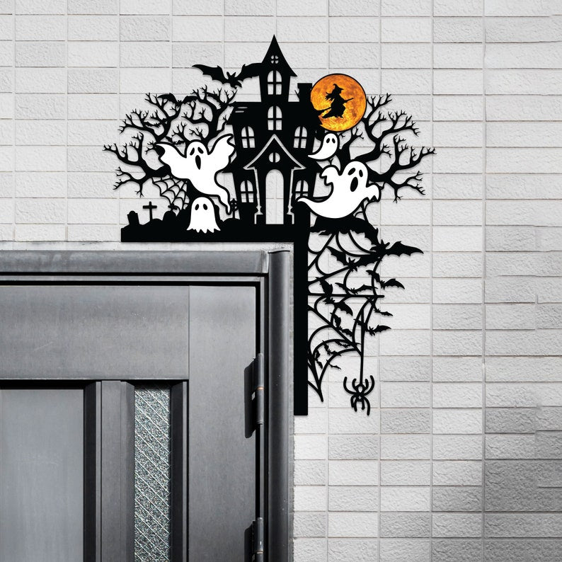 halloween door corner metal sign haunted mansion with ghost door topper halloween silhouette door topper halloween decor halloween gift 1722845639149.jpg