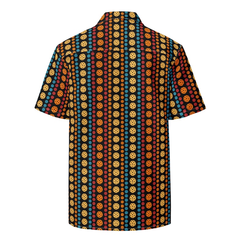 pickleball patterned button down short sleeve fun hawaiian shirt unisex black with retro colors 1723694985886.jpg