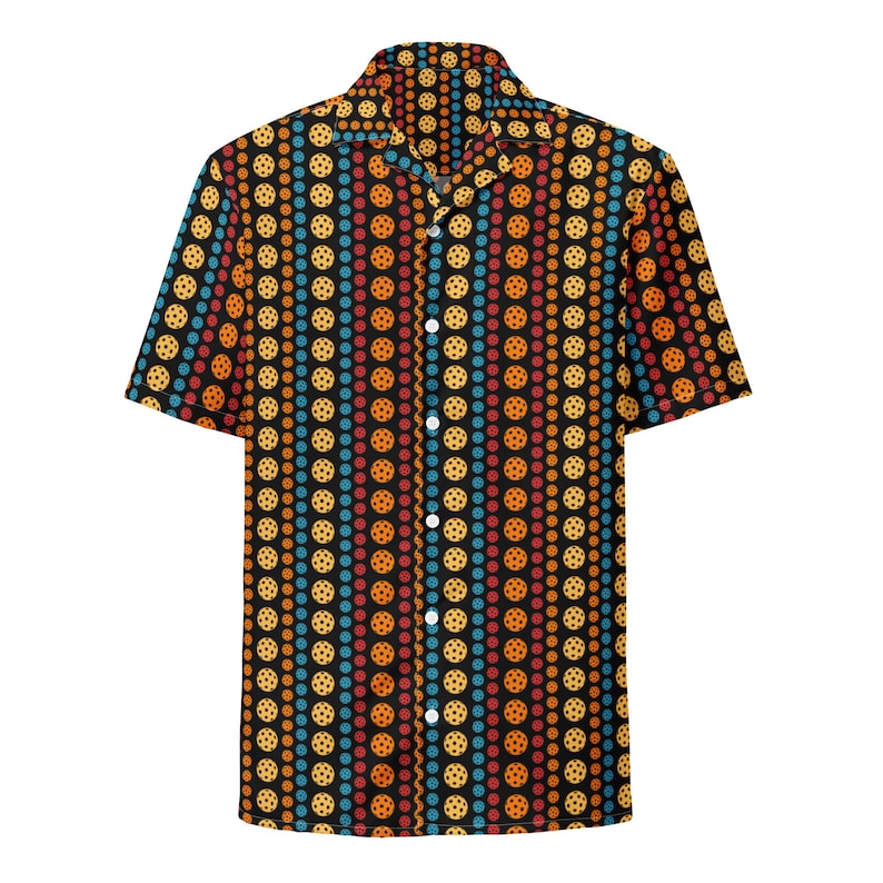 pickleball patterned button down short sleeve fun hawaiian shirt unisex black with retro colors 1723694986027.jpg