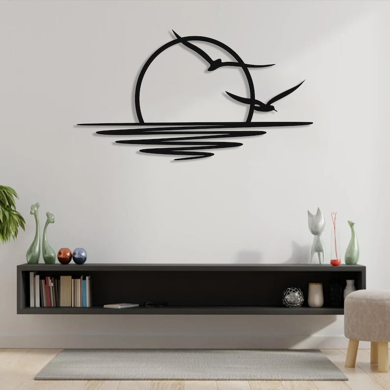 sunrise metal wall art sun and seagulls wall decor abstract sunset home decor minimalist line art housewarming gift modern wall hanging 1724836009975.jpg