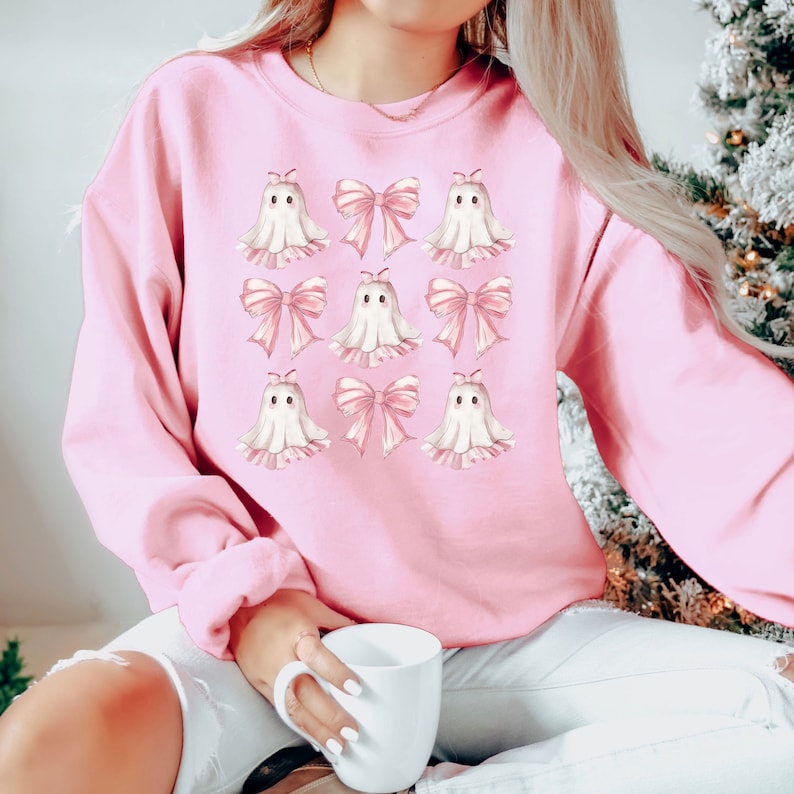 coquette halloween sweatshirt coquette pink bow ghost shirts cute ghost graphic tee pink coquette halloween t shirt pink spooky vibes shirts 1724915956765.jpg