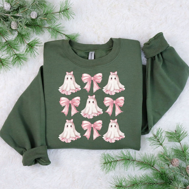 coquette halloween sweatshirt coquette pink bow ghost shirts cute ghost graphic tee pink coquette halloween t shirt pink spooky vibes shirts 1724915956804.jpg