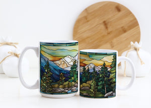 stained glass mountain range coffee mug  nature inspired  outdoor design  watercolor mountain scene  dad gift  gift for nature lover 1725415258651.jpg