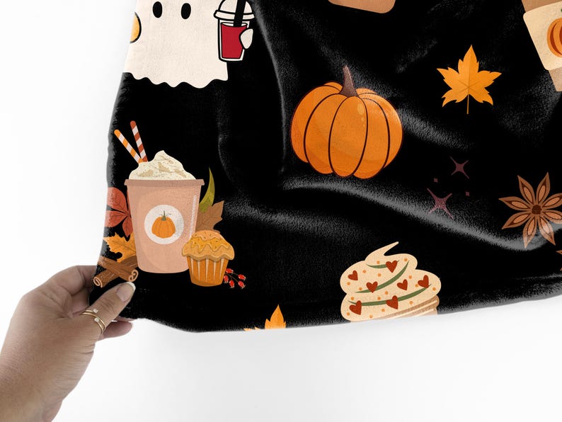 pumpkin spice coffee halloween blanket  fall decor ghost throw  gift idea  cute black halloween bedding 1726212288956.jpg