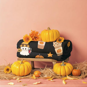pumpkin spice coffee halloween blanket  fall decor ghost throw  gift idea  cute black halloween bedding 1726212288988.jpg