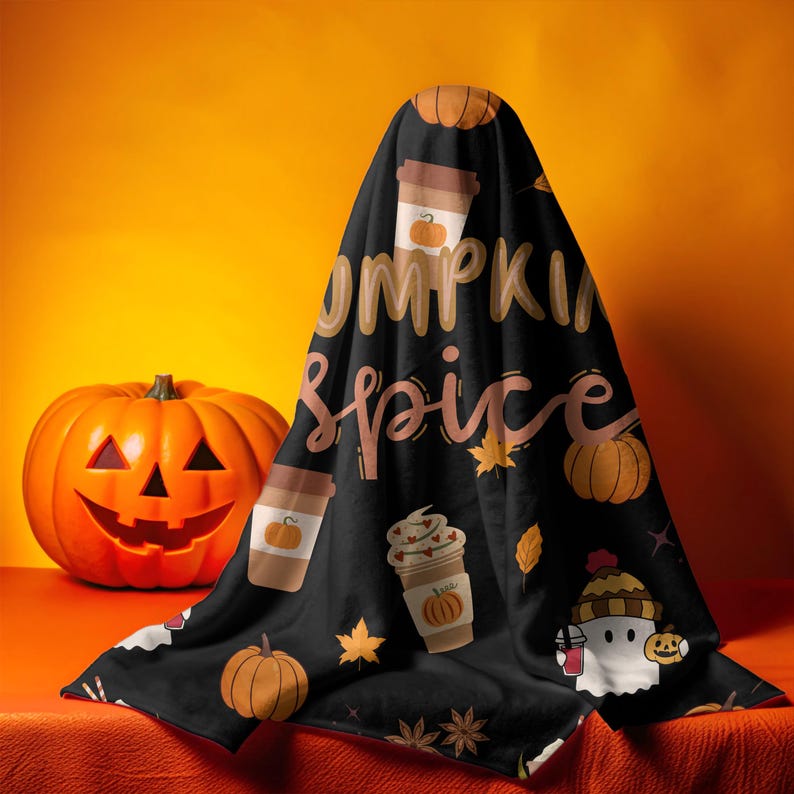 pumpkin spice coffee halloween blanket  fall decor ghost throw  gift idea  cute black halloween bedding 1726212289546.jpg