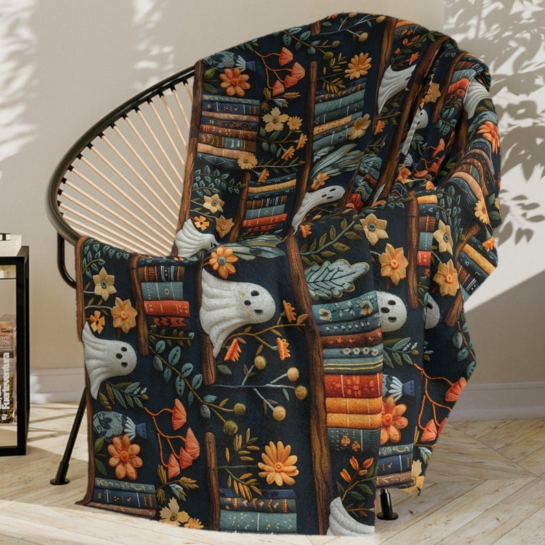 personalized bookshelves ghosts blanket custom name blanket cozy blanket for book lover autumn indoor decoration thanksgiving halloween gift 1726213545620.jpg