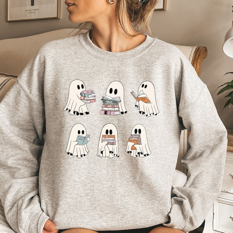 ghost reading books sweater bookish halloween sweatshirt halloween teacher gift librarian halloween sweatshirt ghost crewneck 1726816612164.jpg
