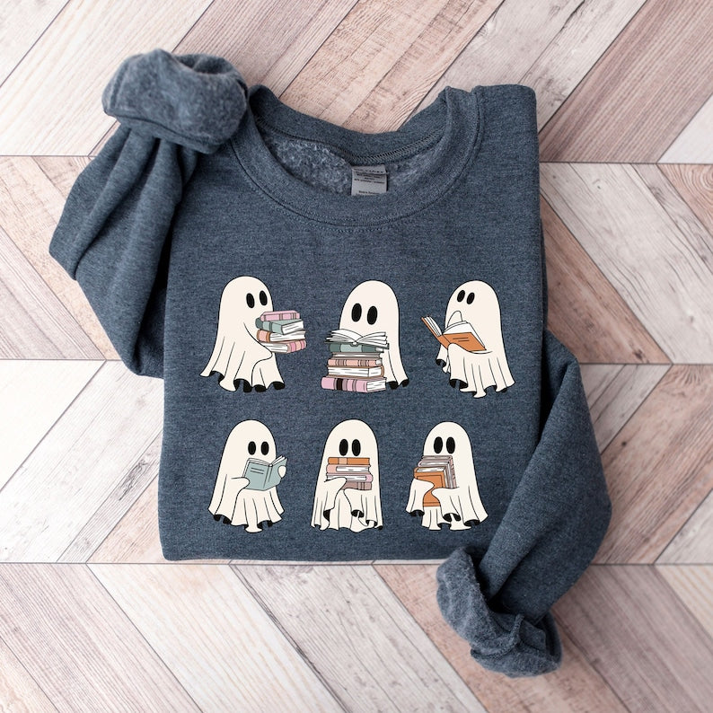 ghost reading books sweater bookish halloween sweatshirt halloween teacher gift librarian halloween sweatshirt ghost crewneck 1726816612168.jpg