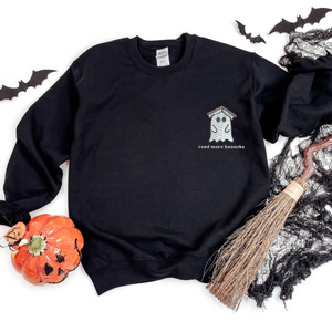 embroidered teachers halloween sweatshirt embroidery read more books sweater halloween gift for book lover reader ghost sweatshirt 1726818760853.png