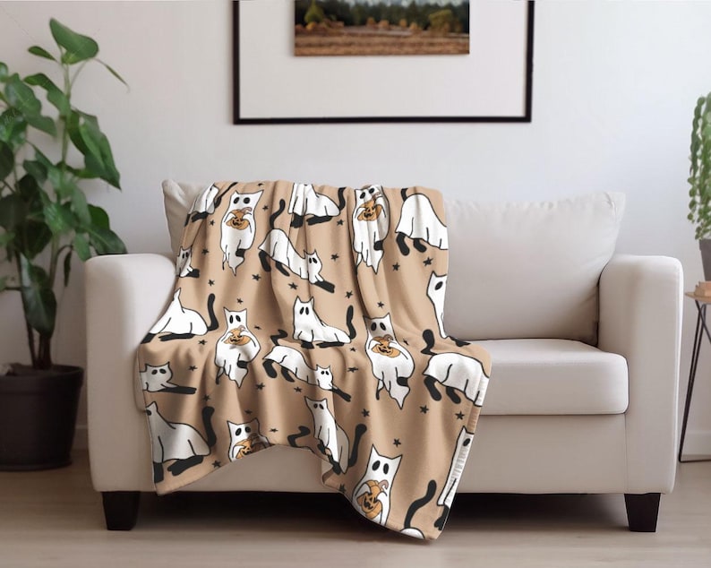 Ghost Cat Blanket, outlet Cat Minky Blanket, Halloween Decor, Cat Lovers Blanket, Cute Cat Throw, Fall Decor, Halloween Cat Dorm Decor