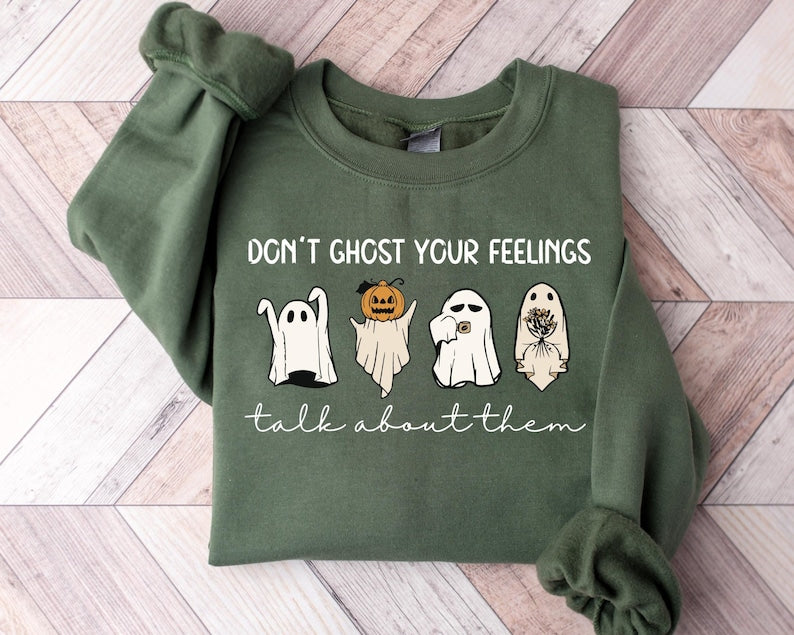 retro funny dont ghost your feelings mental health awareness school counselor mental health halloween graphic tshirt for women 1727840929693.jpg