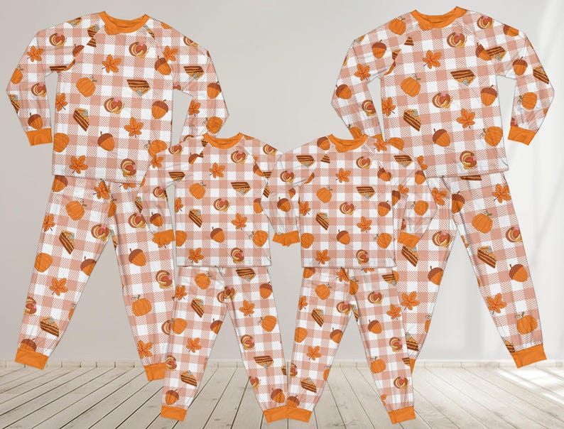 thanksgiving pumpkin pies long sleeve two piece pajama cozy season family pajamas set pumpkins fallen leave plaid pajamas loungewear set 1728550914712.jpg