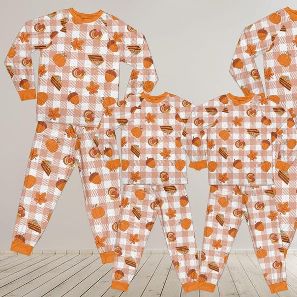 thanksgiving pumpkin pies long sleeve two piece pajama cozy season family pajamas set pumpkins fallen leave plaid pajamas loungewear set 1728550965154.jpg