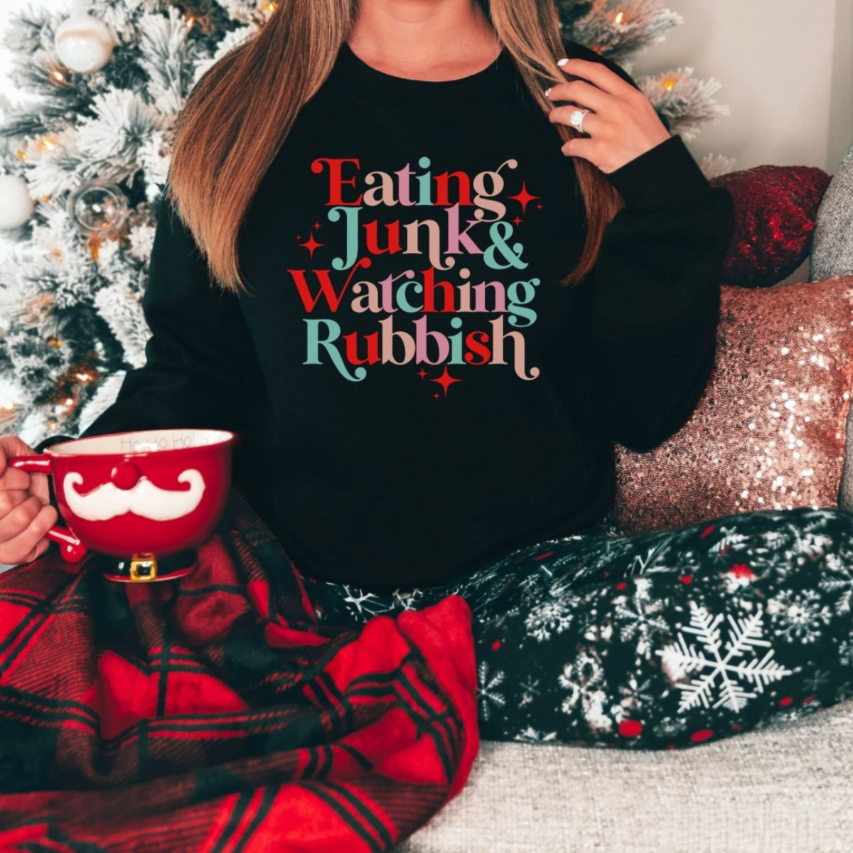 eating junk and watching rubbish christmas sweatshirt christmas movie shirt matching christmas shirts ugly christmas sweater movie quote 1728551306051.png