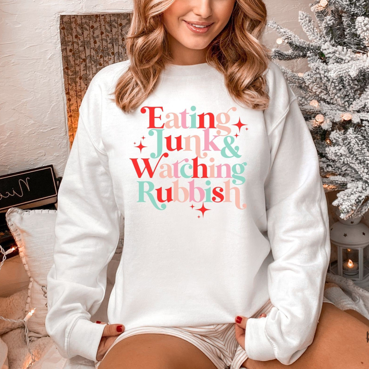 eating junk and watching rubbish christmas sweatshirt christmas movie shirt matching christmas shirts ugly christmas sweater movie quote 1728551306662.png