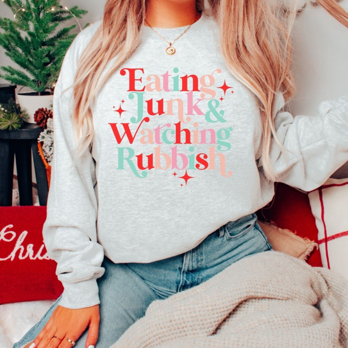eating junk and watching rubbish christmas sweatshirt christmas movie shirt matching christmas shirts ugly christmas sweater movie quote 1728551306720.png
