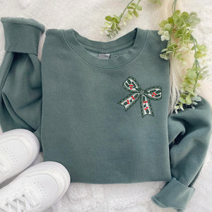 embroidered lacy holly and berries bow crewneck sweatshirt high quality pigment dyed holiday pullover vintage coquette christmas sweater 1728639129480.jpg