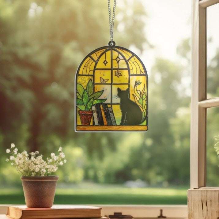 black cat and book ornament suncatcher window hanging book window decor book lover gift book stain glass indoor decor librarian gift 1728962326256.jpg