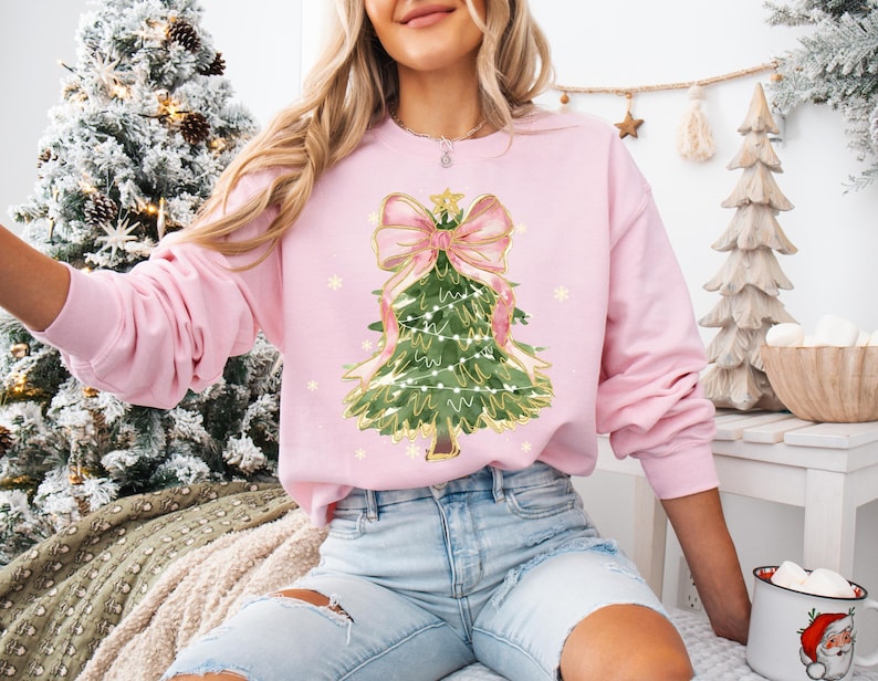 christmas tree bow shirt christmas sweatshirt for women christmas tree tshirt christmas coquette christmas shirt 1731485500775.jpg