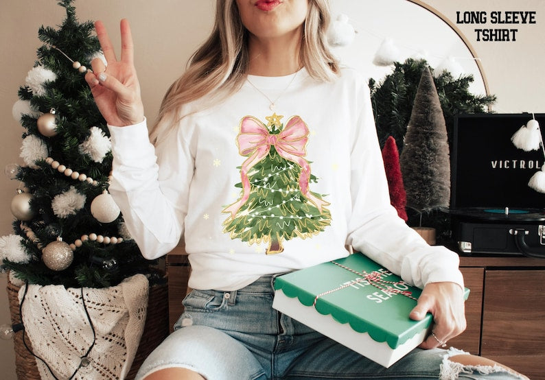 christmas tree bow shirt christmas sweatshirt for women christmas tree tshirt christmas coquette christmas shirt 1731485500783.jpg