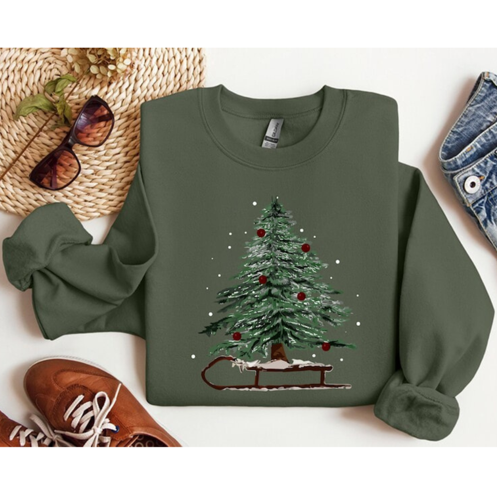 womans holiday sweatshirt womens xmas tee christmas sleigh crewneck christmas tree tee xmas tree womens christmas tshirtwinter tee 1731894220289.png