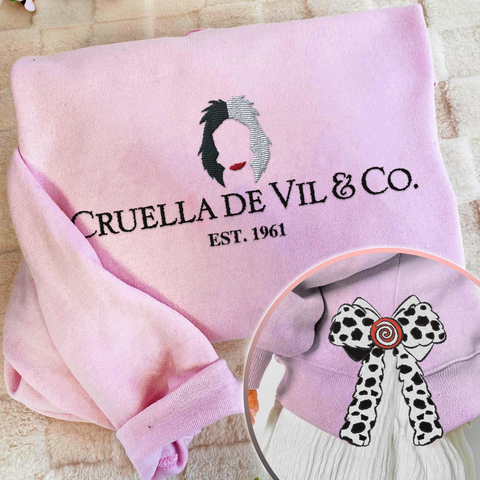 cruella christmas coquette side bow sweatshirt retro xmas tree lover sweater bow applique pink gifts 1732091484448.jpg