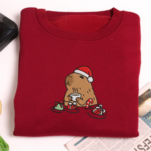 coffee capybara christmas embroidered sweatshirt coffeebara holiday shirt for woman merry xmas capybara light sweater capybara lover gift 1732851017417.png