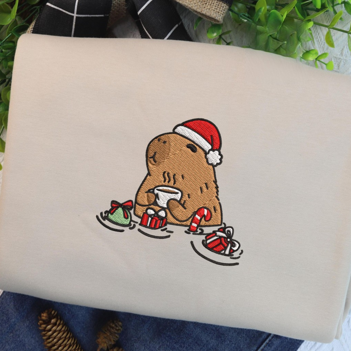 coffee capybara christmas embroidered sweatshirt coffeebara holiday shirt for woman merry xmas capybara light sweater capybara lover gift 1732851017432.png